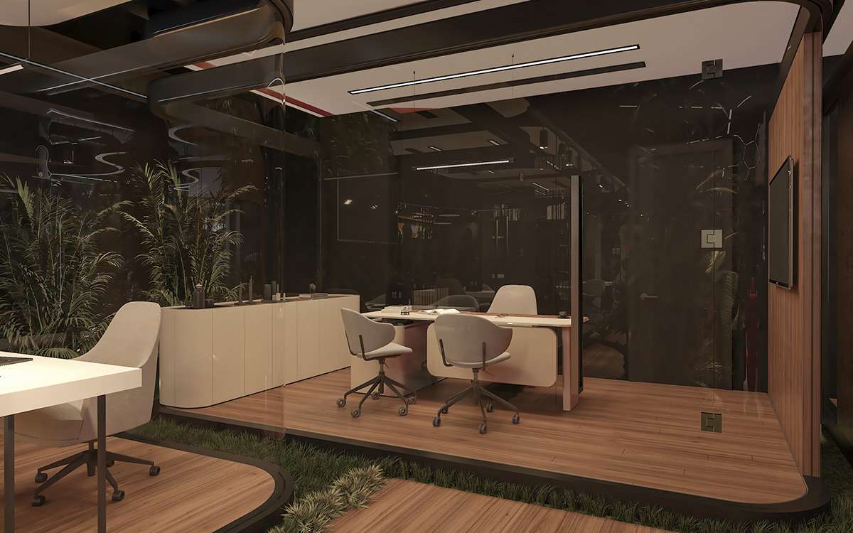 Không gian kàm việc co cây xanh được thiết kế sàn phân cấp độc đáo 