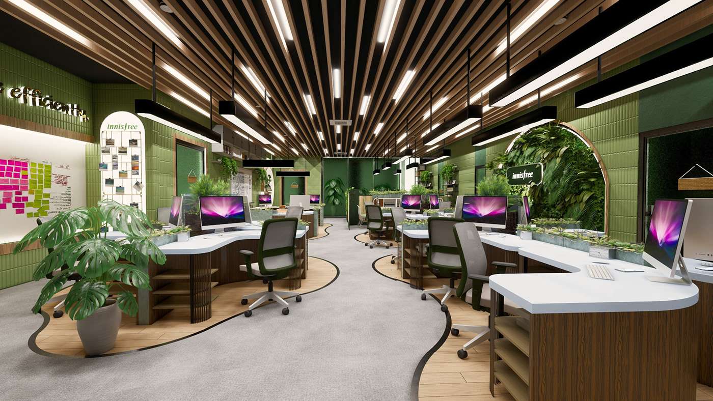 Văn phòng mở những được sử dụng những mảng cây xanh ngăn cách không gian 