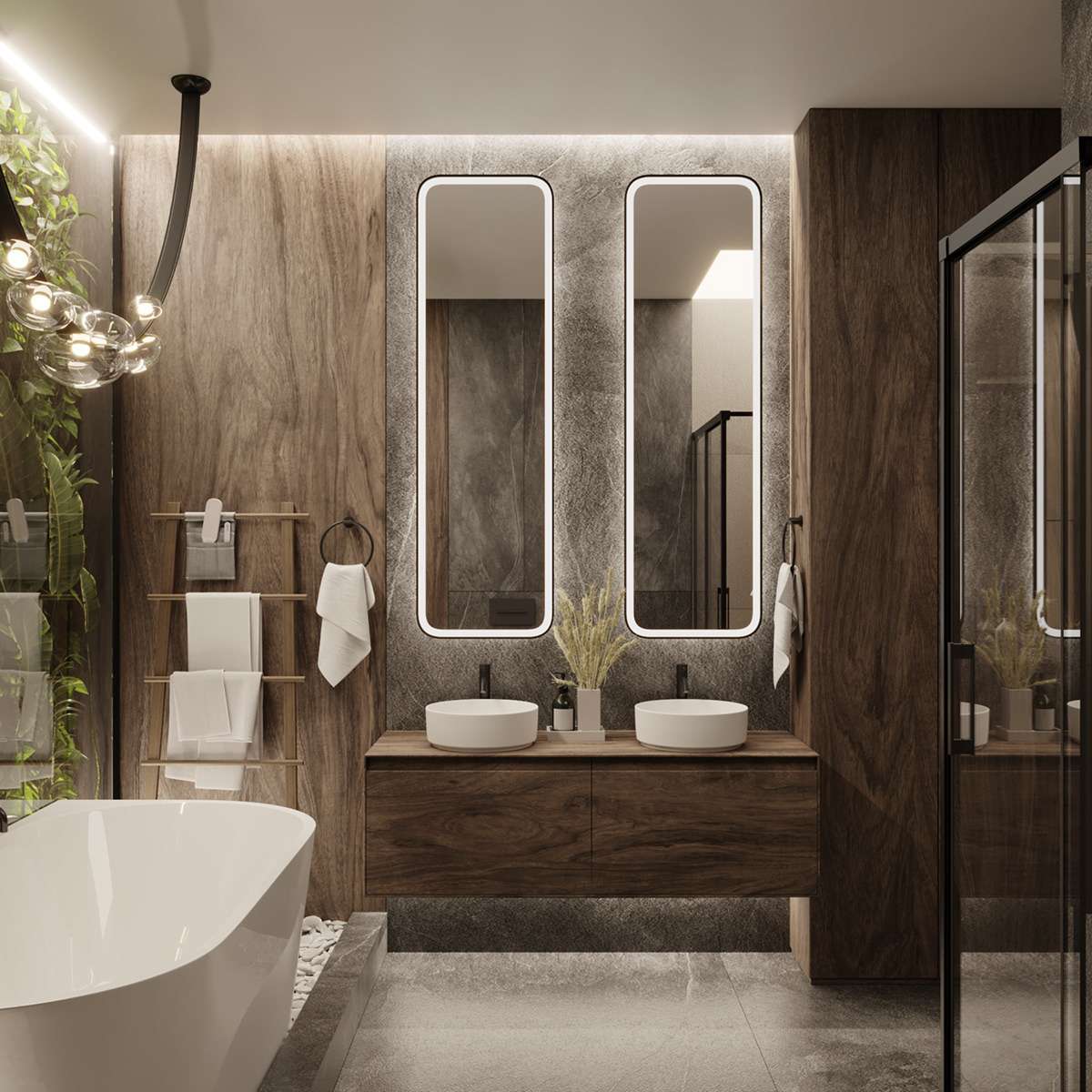 Phòng tắm sử dụng phong cách tropical hiện đại nội thất bằng gỗ công nghiệp 