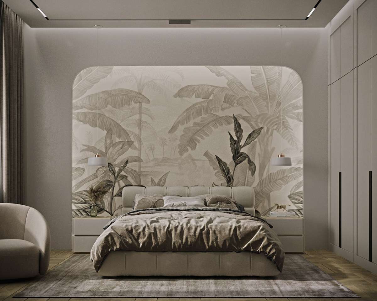 Phong cách troical tối giản cho phòng ngủ nhỏ sử dụng giấy dán tường hình hoa cỏ 