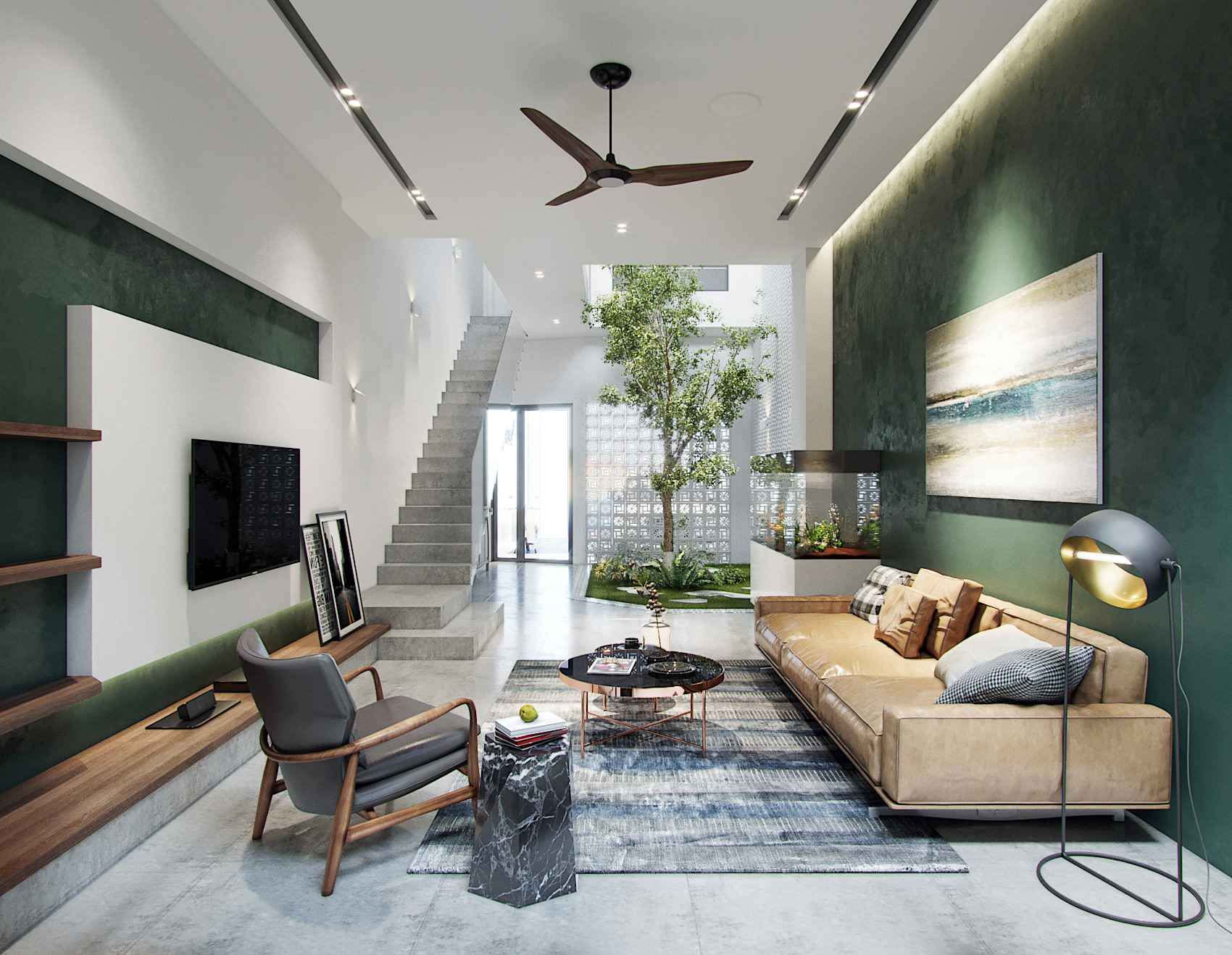 Thiết kế phòng khách nhà ống với tông màu xanh lá mát mẻ phối cùng nội thất màu nâu gỗ phù hợp với gia chủ mệnh mộc