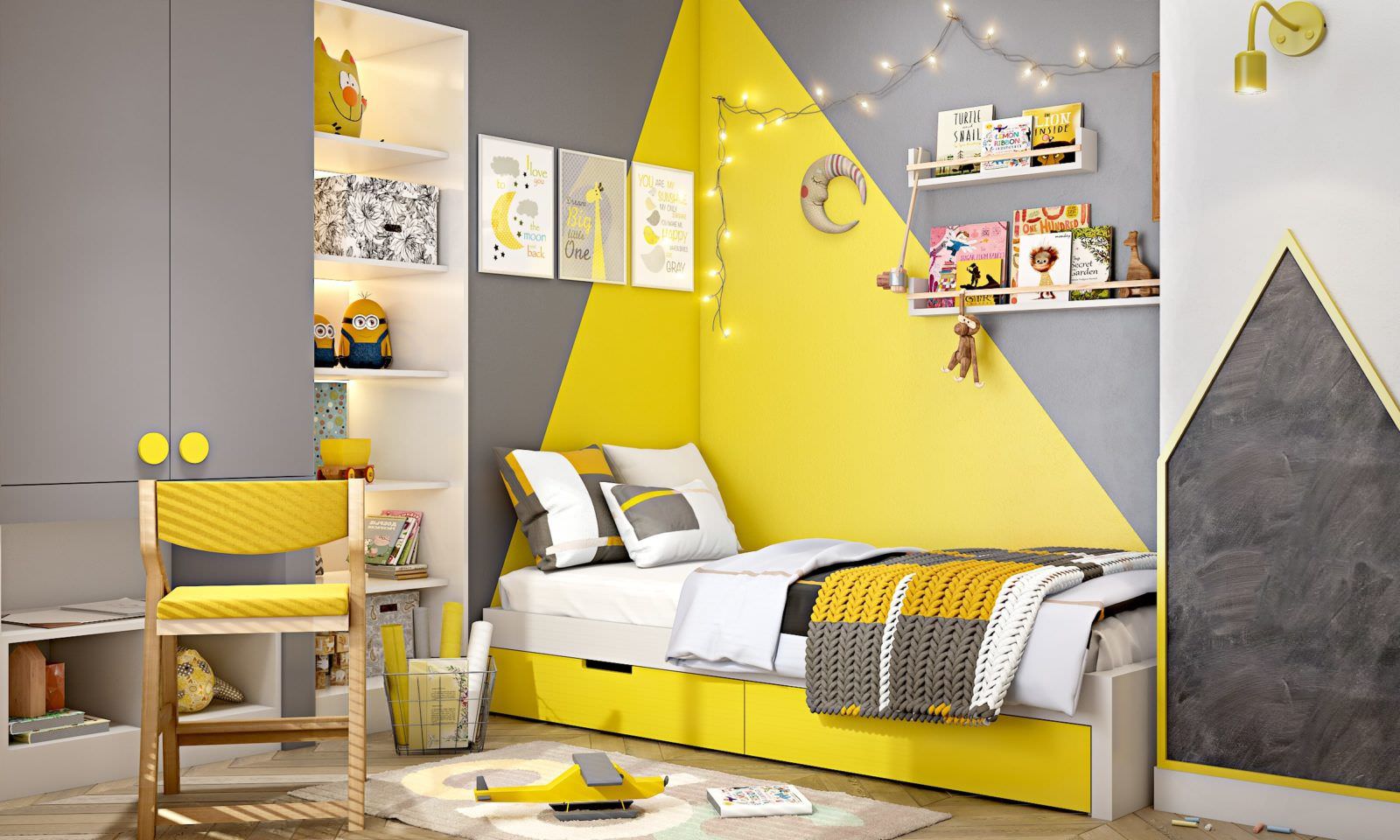 Phòng ngủ màu vàng kết hợp màu xám phong cách hiện đại ấn tượng nhất