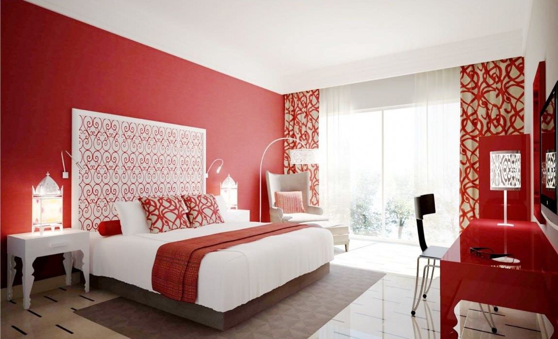 Phòng ngủ vợ chồng mệnh Hoả với gam màu đỏ phối trắng hiện đại