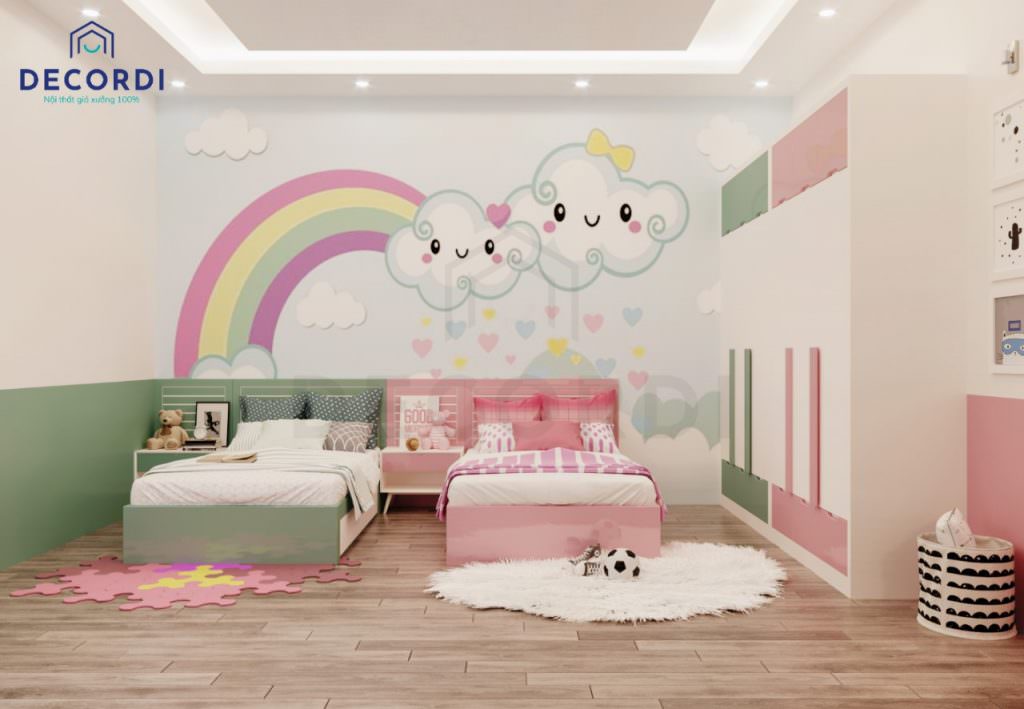 Mẫu phòng ngủ chung cho 2 bé với bộ nội thất dễ thương màu xanh và hồng
