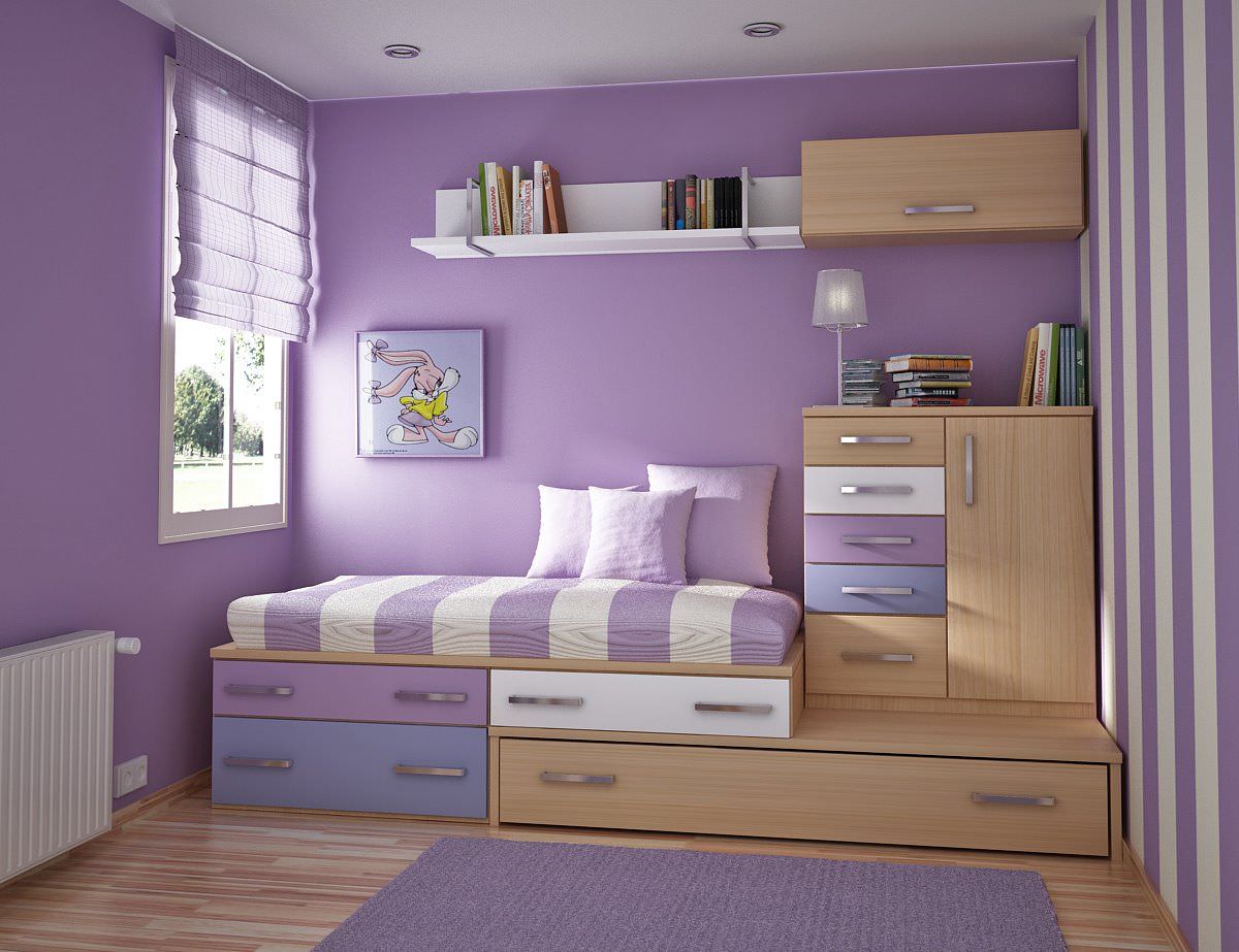 Sử dụng màu sơn tường màu tím phối trắng đem lại sự ngọt ngào, thơ mộng hơn cho căn phòng ngủ nhỏ