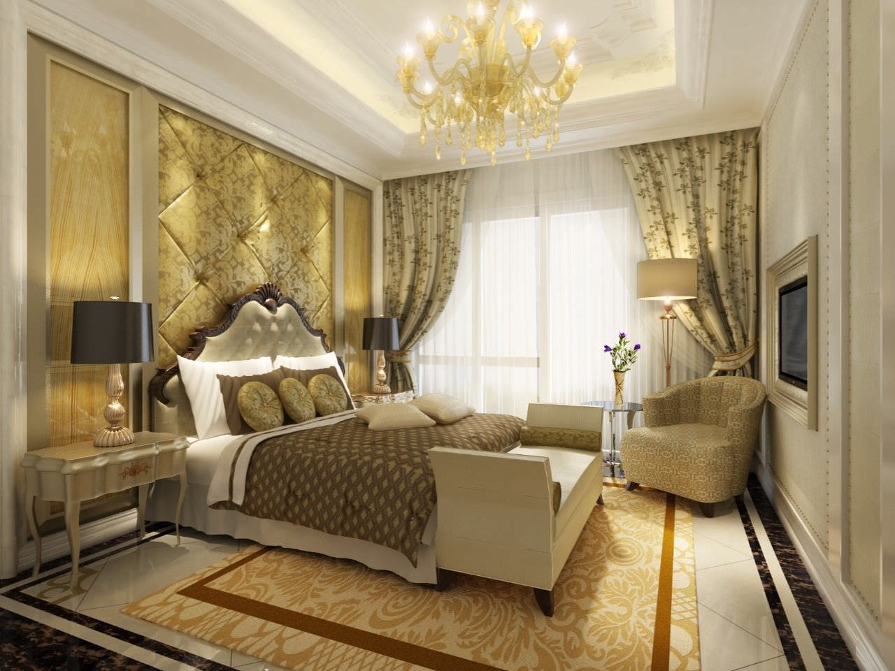 Thiết kế phòng ngủ master phong cách cổ điển với màu vàng ánh kim đẹp sang trọng