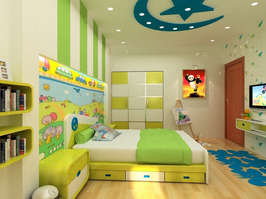 Thiết kế phòng ngủ màu vàng phối màu xanh lá mạ dễ thương cho trẻ