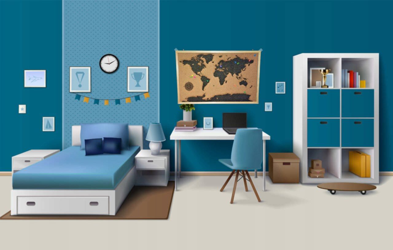 Bố trí nội thất phòng ngủ màu xanh nước biển sáng tạo