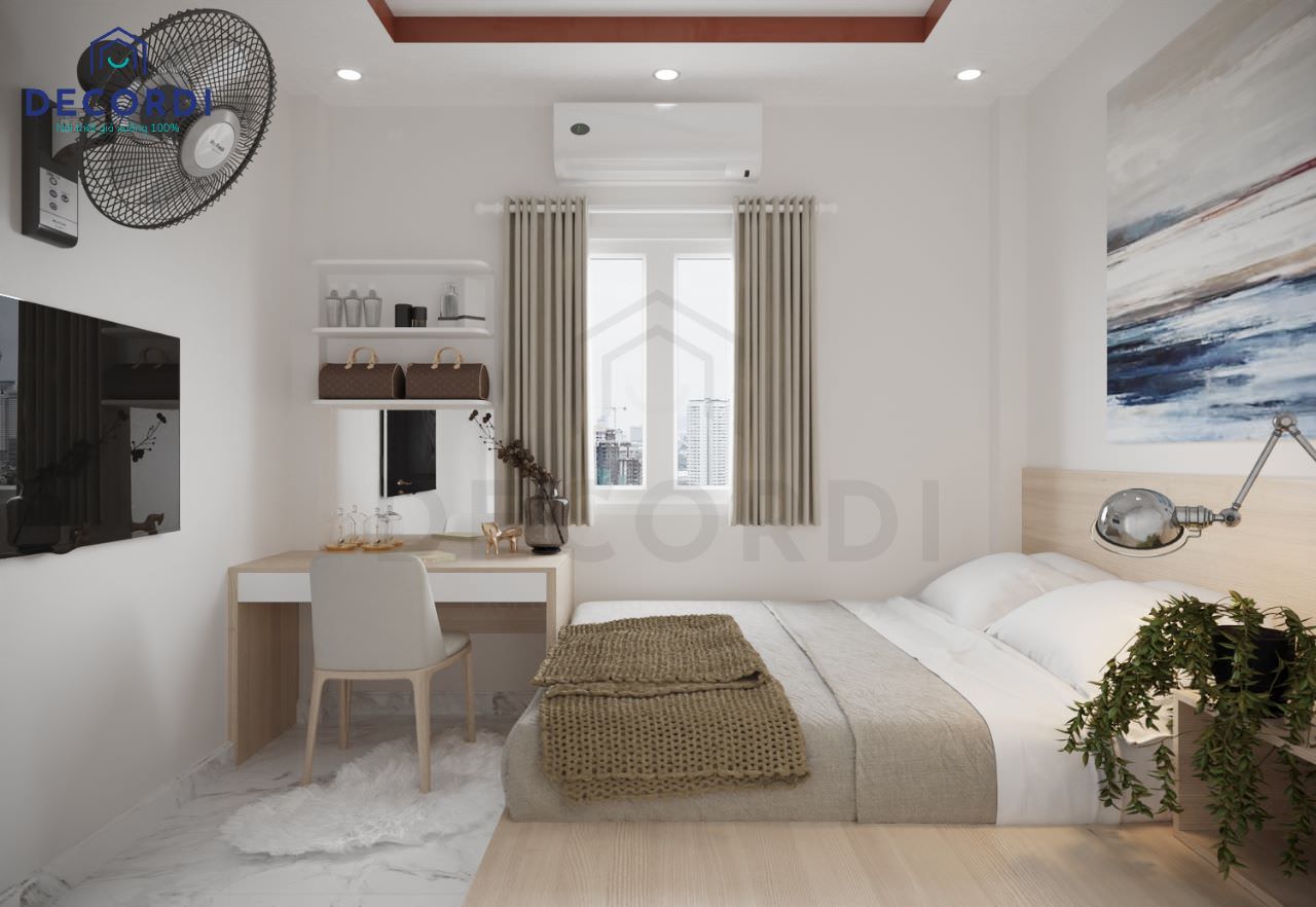 Màu sơn phòng ngủ màu trắng tinh tế sử dụng gỗ công nghiệp gam màu sáng làm điểm nhấn 