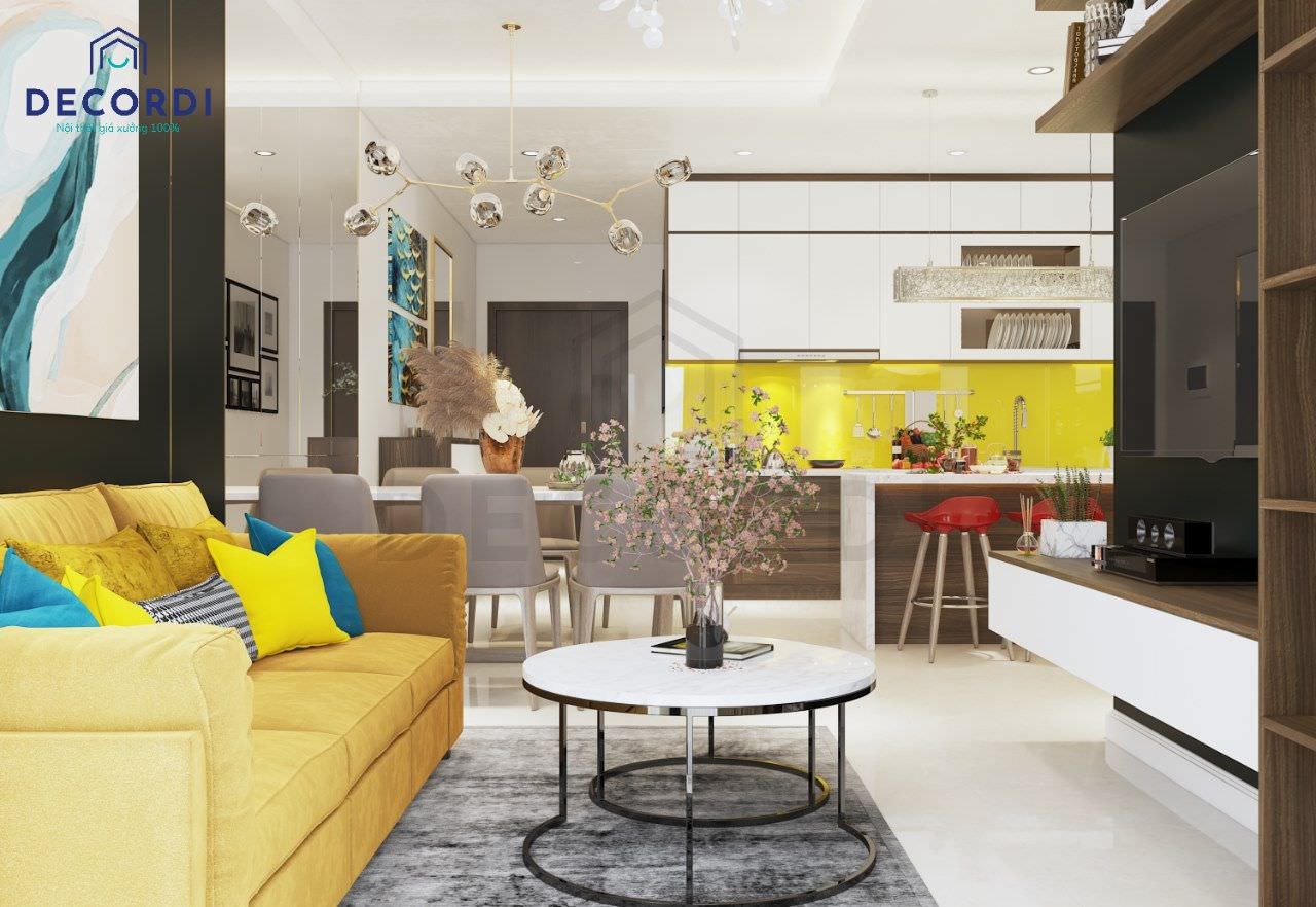Ý tưởng nội thất phòng khách liền bếp tạo nên sự xuyên suốt không gian, giúp căn hộ trở nên thoáng đãng hơn 