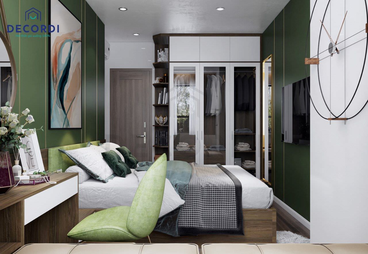 Phòng ngủ chữ L không gian rộng với màu xanh trầm ấm