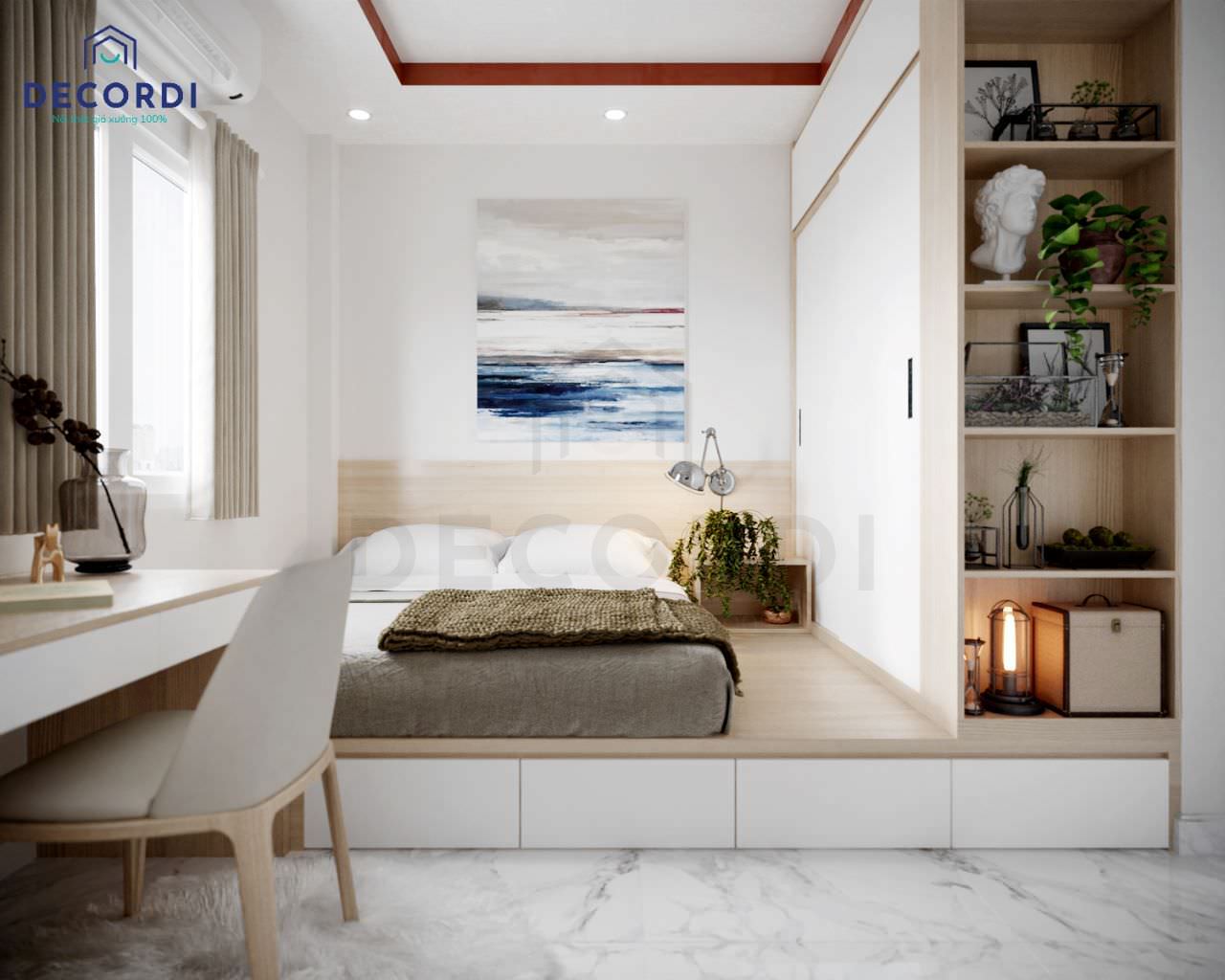 Thiết kế phòng ngủ phong cách hiện đại với giường ngủ dạng bục kết hợp tủ quần áo có kệ góc trang trí