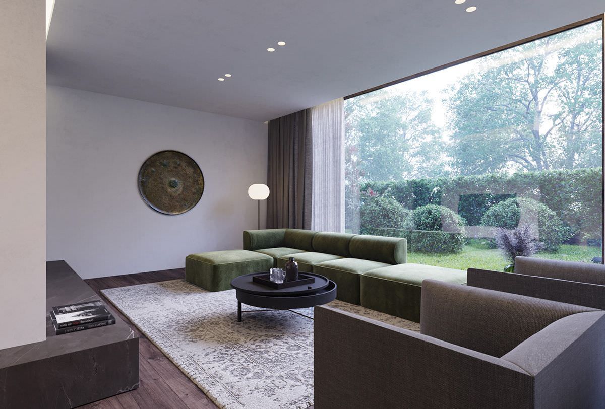Nội thất phòng khách tối giản kiểu Nhật với bộ sofa bọc nhung màu xanh rêu đẹp mắt