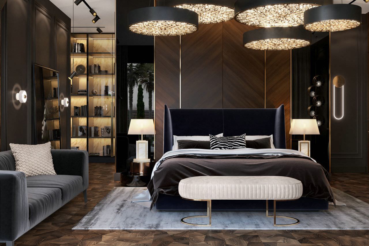 Thiết kế phòng ngủ 25m2 phong cách luxury với bộ đèn thả trần độc đáo cùng gam màu tối làm chủ đạo