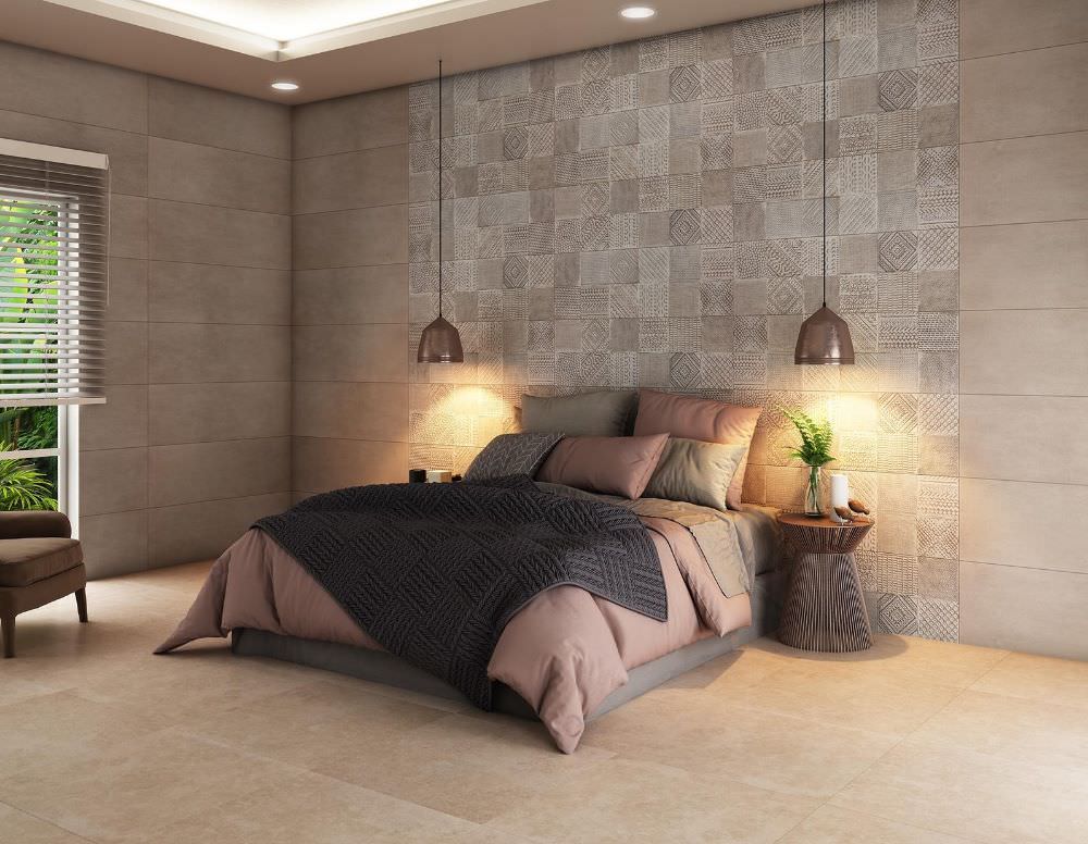 Sử dụng gạch ốp tường họa tiết ngẫu nhiên mới lạ tạo điểm nhấn cho không gian phòng ngủ nhỏ