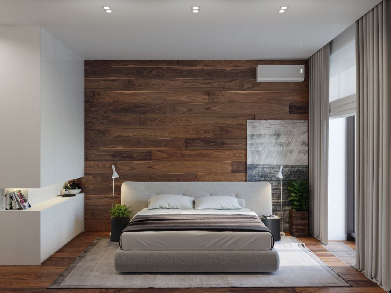 Phòng ngủ ốp gạch giả gỗ màu nâu trầm tạo cảm giác thoải mái, thư giãn, ấm cúng