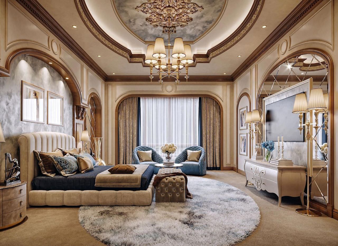 Bố trí sofa trong phòng ngủ với tông xanh lam pastel nhẹ nhàng phù hợp với phong cách cổ điển