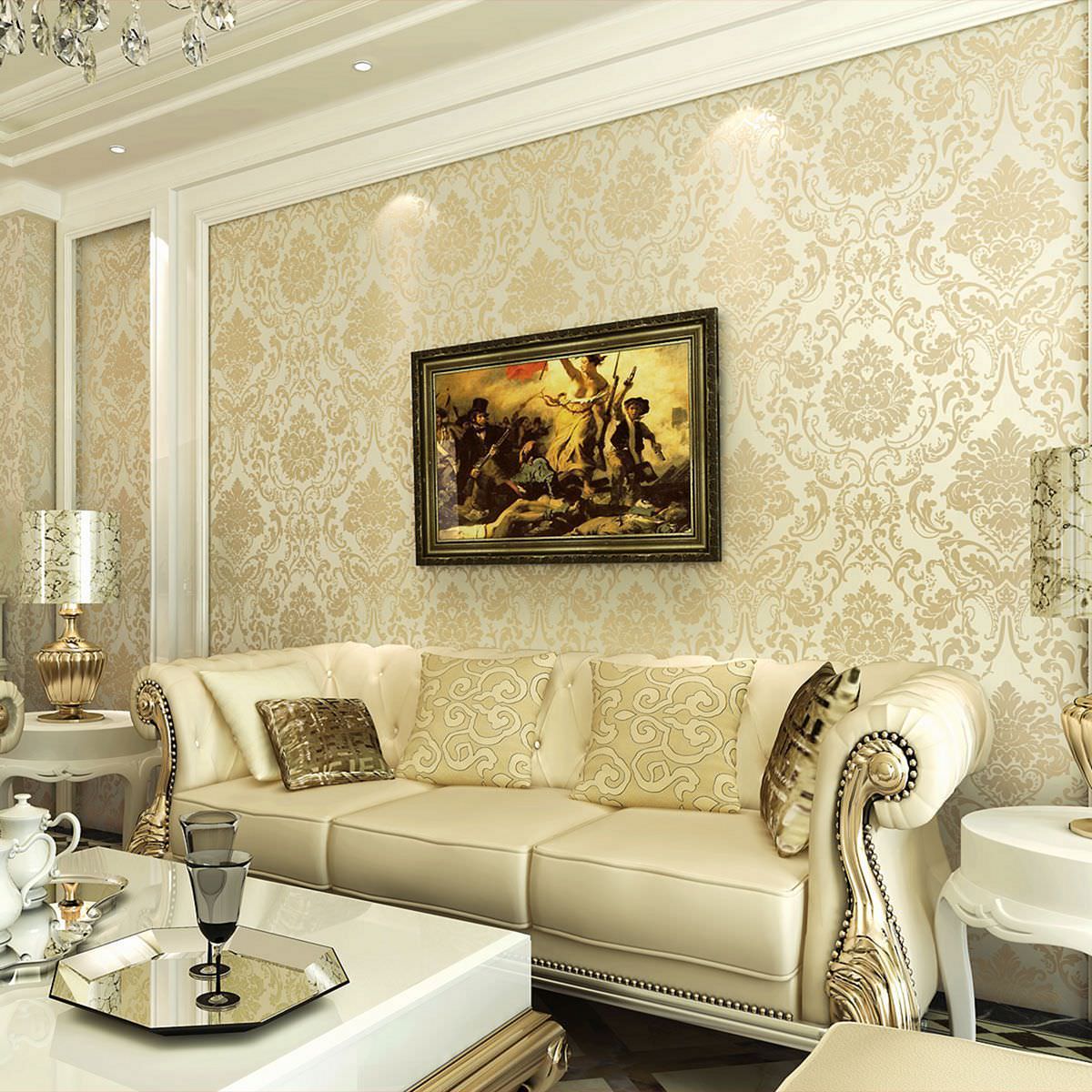 Giấy dán tường hoạ tiết phong cách cổ điển trang trí phòng khách sang trọng