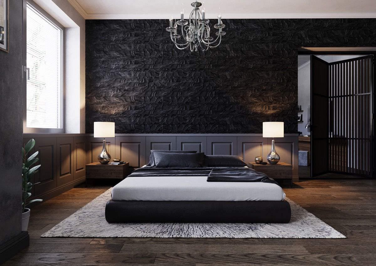 Thiết kế phòng ngủ màu đen cuốn hút với gạch ốp tường 3d