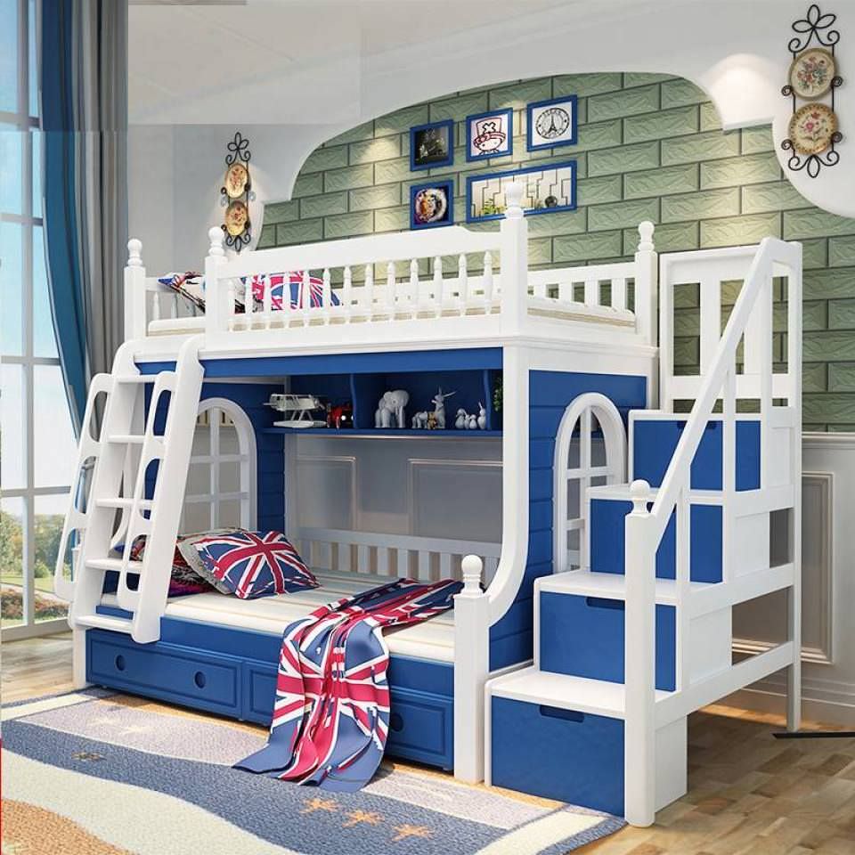Giường tầng cho bé trai màu xanh có kích thước nhỏ gọn tiết kiệm diện tích