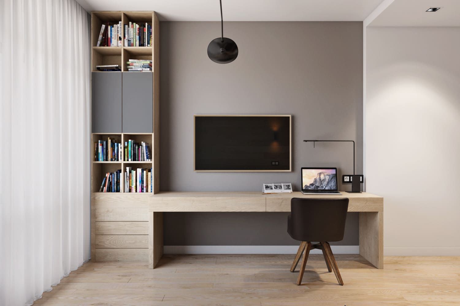 Căn phòng gọn gàng hơn với cách thiết kế kệ tivi kết hợp bàn làm việc có kèm tủ sách nhỏ đụng trần