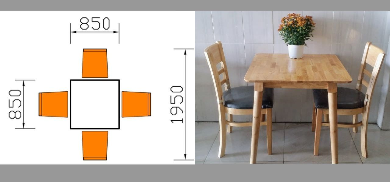 Kích thước bàn ăn hình vuông nhỏ gọn cho 2 người