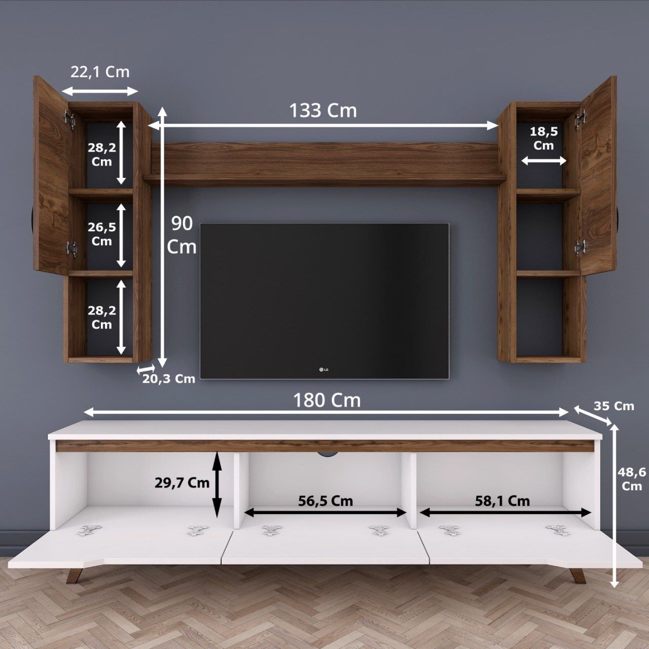 Kích thước kệ tivi thông minh phù hợp với không gian nội thất vừa và nhỏ với nhiều ngăn tủ đựng đồ