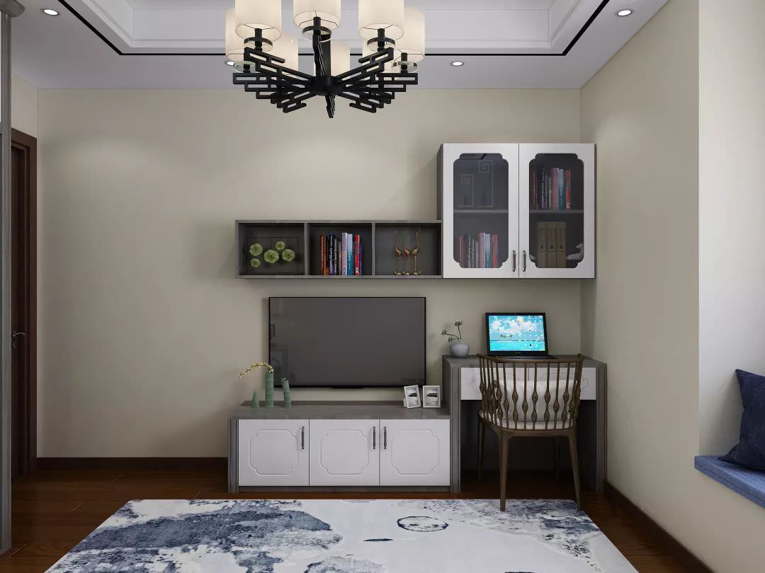 Bộ kệ tivi và bàn làm việc nối liền tối ưu không gian cho phòng ngủ nhỏ