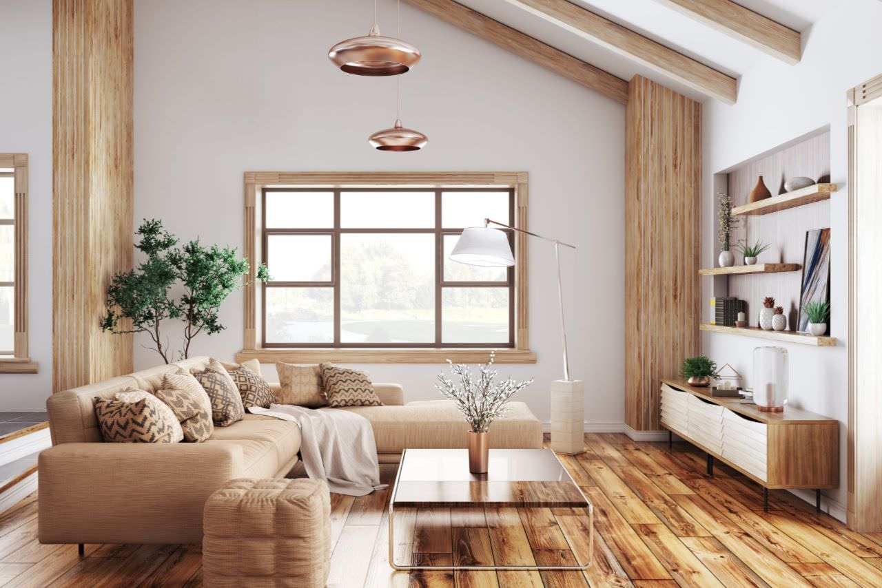 Thiết kế phòng khách tối giản với tông màu gỗ tự nhiên độc đáo làm màu chủ đạo đem lại sự ấm cúng cho căn phòng