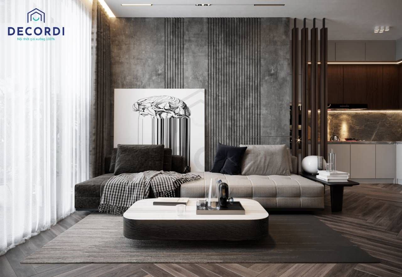 Thiết kế phòng khách tông màu xám sử dụng nội thất hiện đại