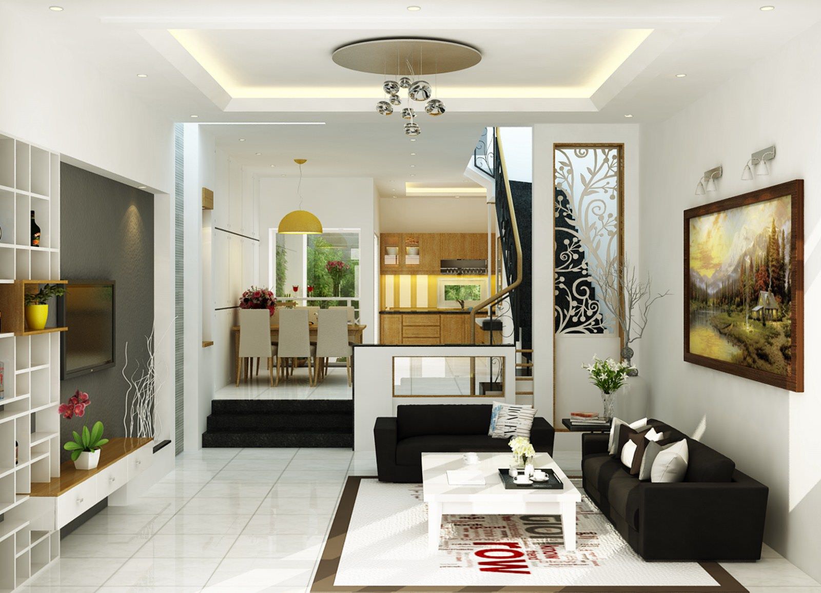 Mẫu phòng khách nhà ống đẹp hiện đại với tông màu trắng làm chủ đạo mang đến không gian thoáng đãng cho căn phòng