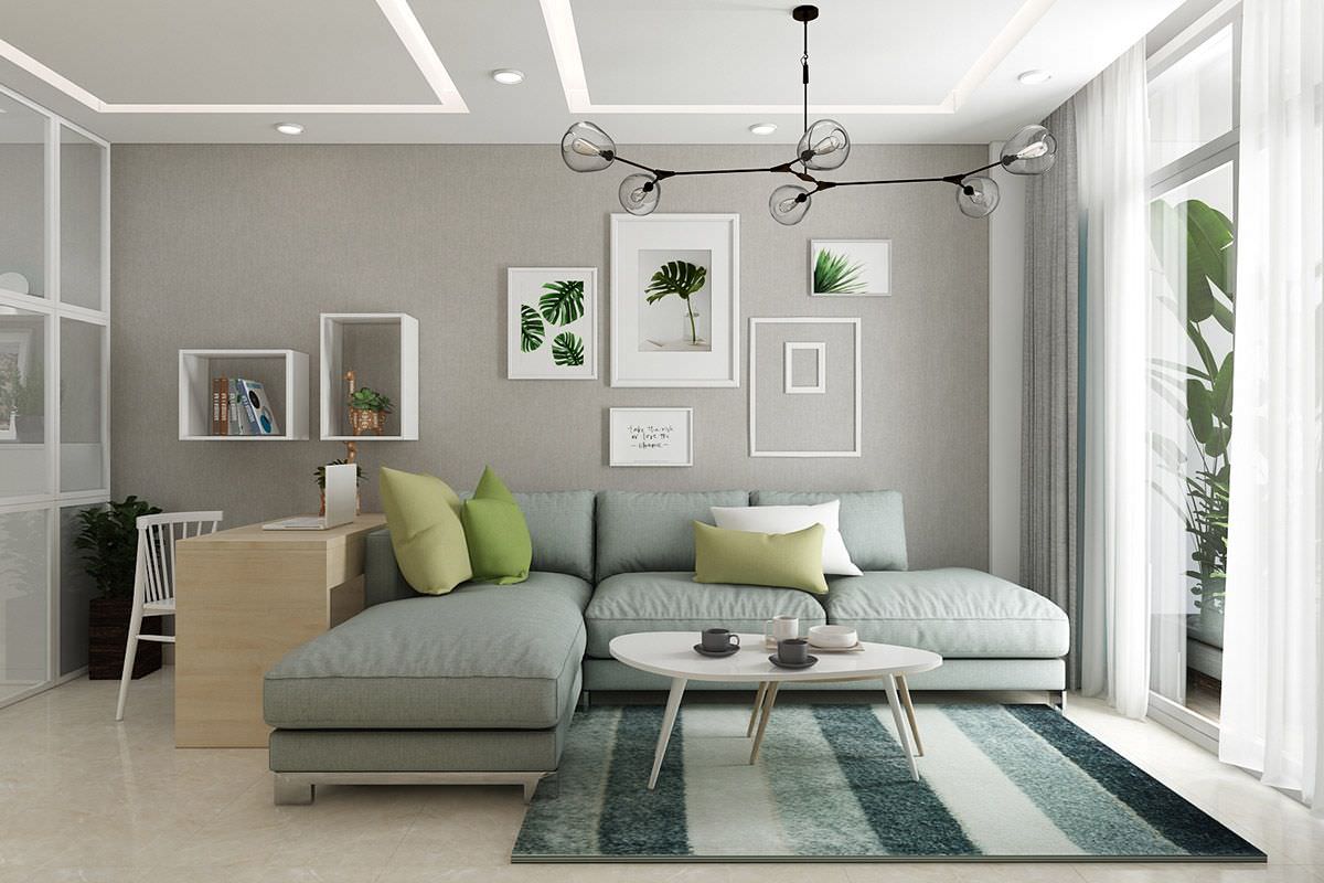 Mẫu phòng khách tối giản thu hút với sự kết hợp giữa tông màu xám và xanh bạc hà