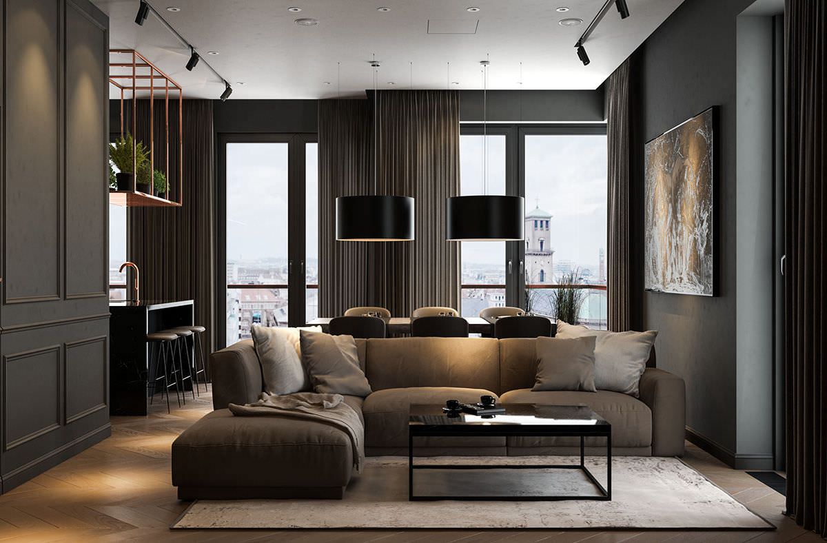 Mẫu phòng khách tối giản mang sự phong cách và thời thượng bởi gam màu đen phối beige cực kỳ hài hoà
