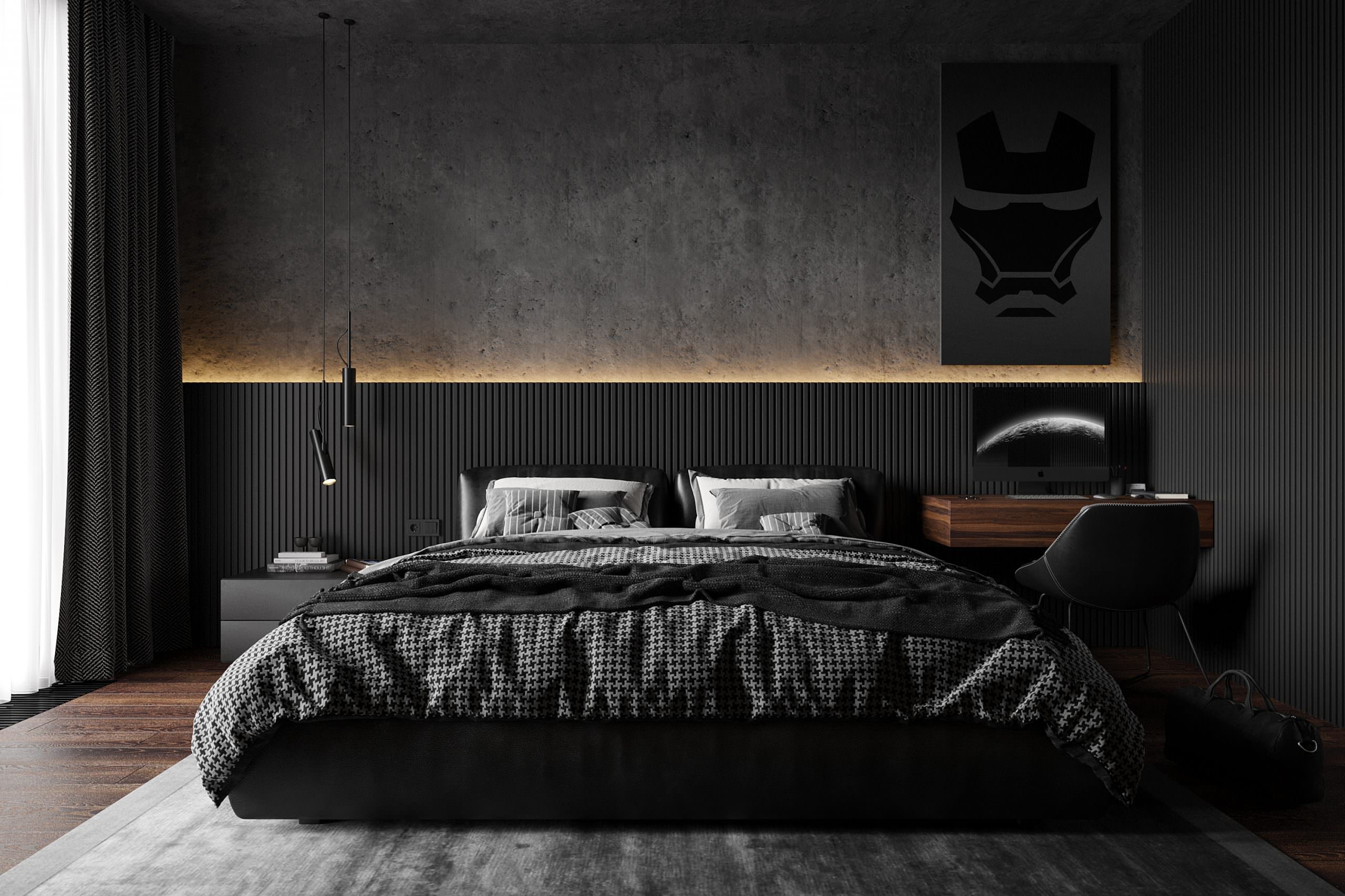 Vách ốp đầu giường lam gỗ tạo điểm nhấn cho cả không gian phòng ngủ