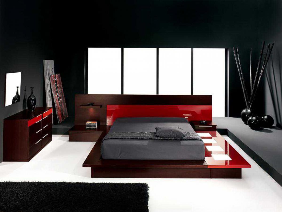 Thiết kế phòng ngủ màu đen kết hợp tông màu đỏ phong cách Nhật