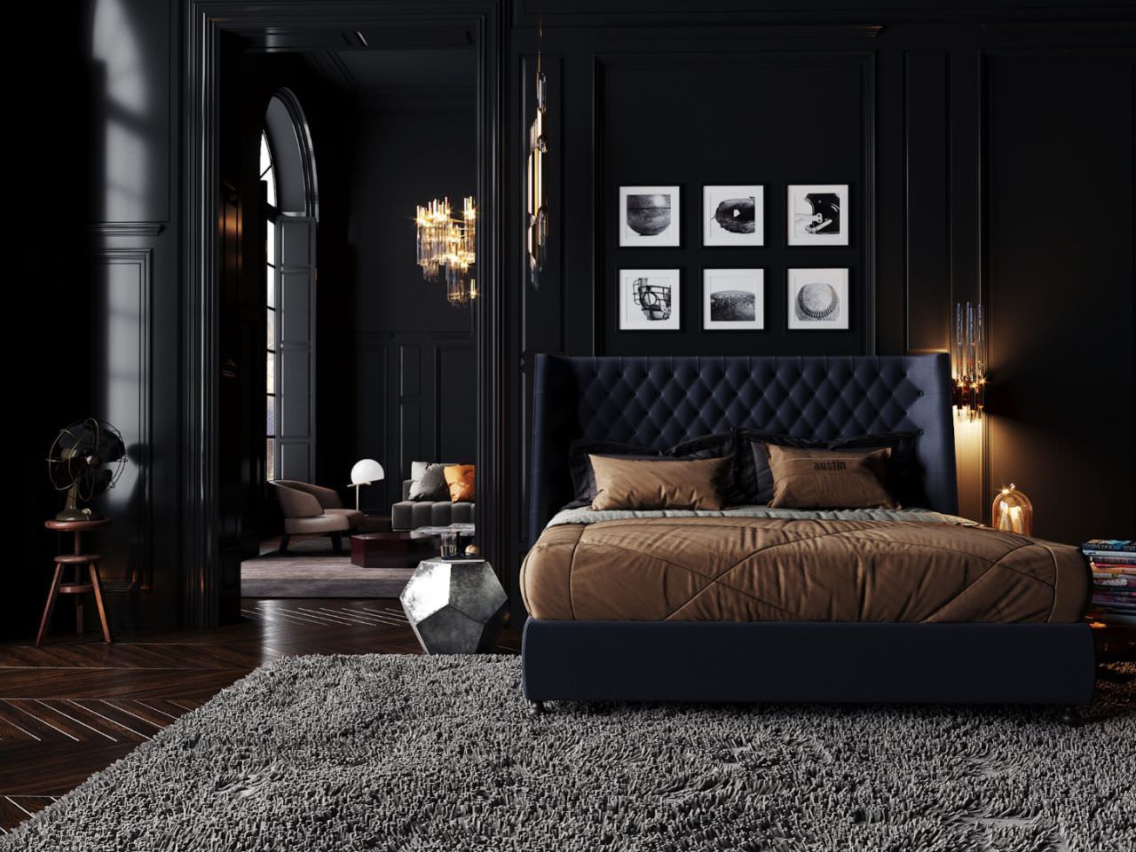Phòng ngủ màu đen huyền ảo làm tôn lên vẻ đẹp của các món nội thất cao cấp