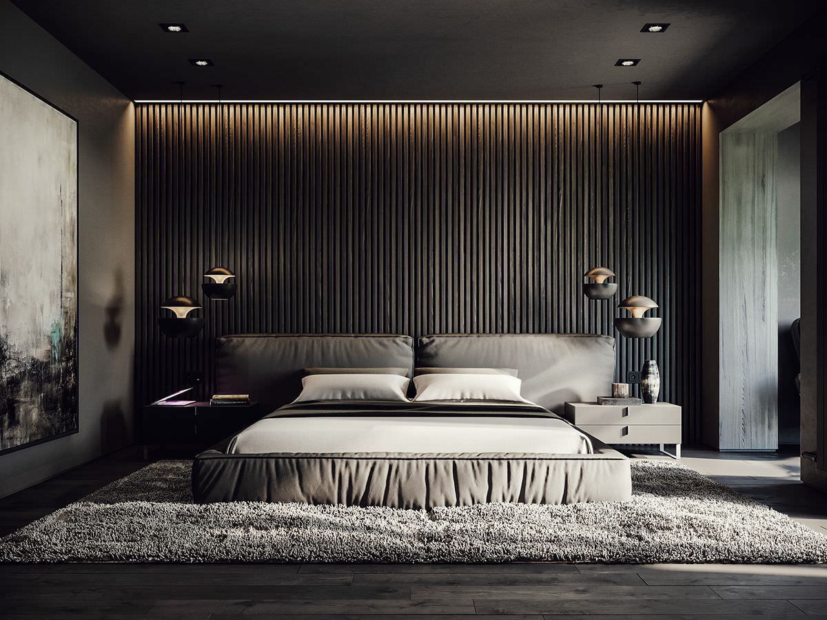 Ốp lam gỗ sát trần tạo nên hiệu ứng cao và rộng cho phòng ngủ màu đen