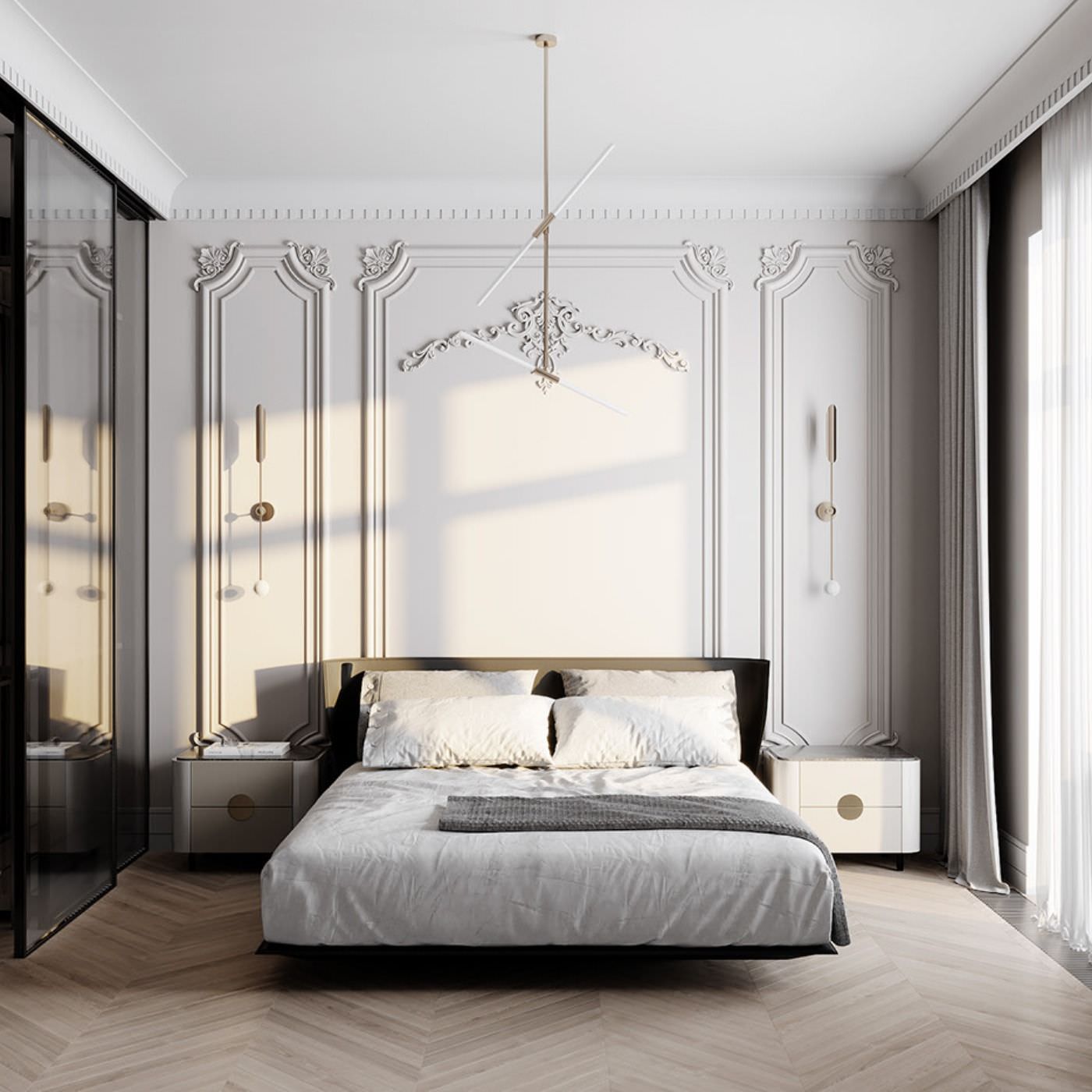 Phòng ngủ màu trắng tân cổ điển nổi bật với cách trang trí tường nhà bằng phào chỉ nổi ấn tượng