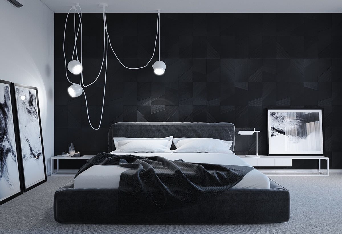 Mẫu gạch ốp tường phòng ngủ tone màu đen huyền ảo kết hợp hoạ tiết mang phong cách hiện đại