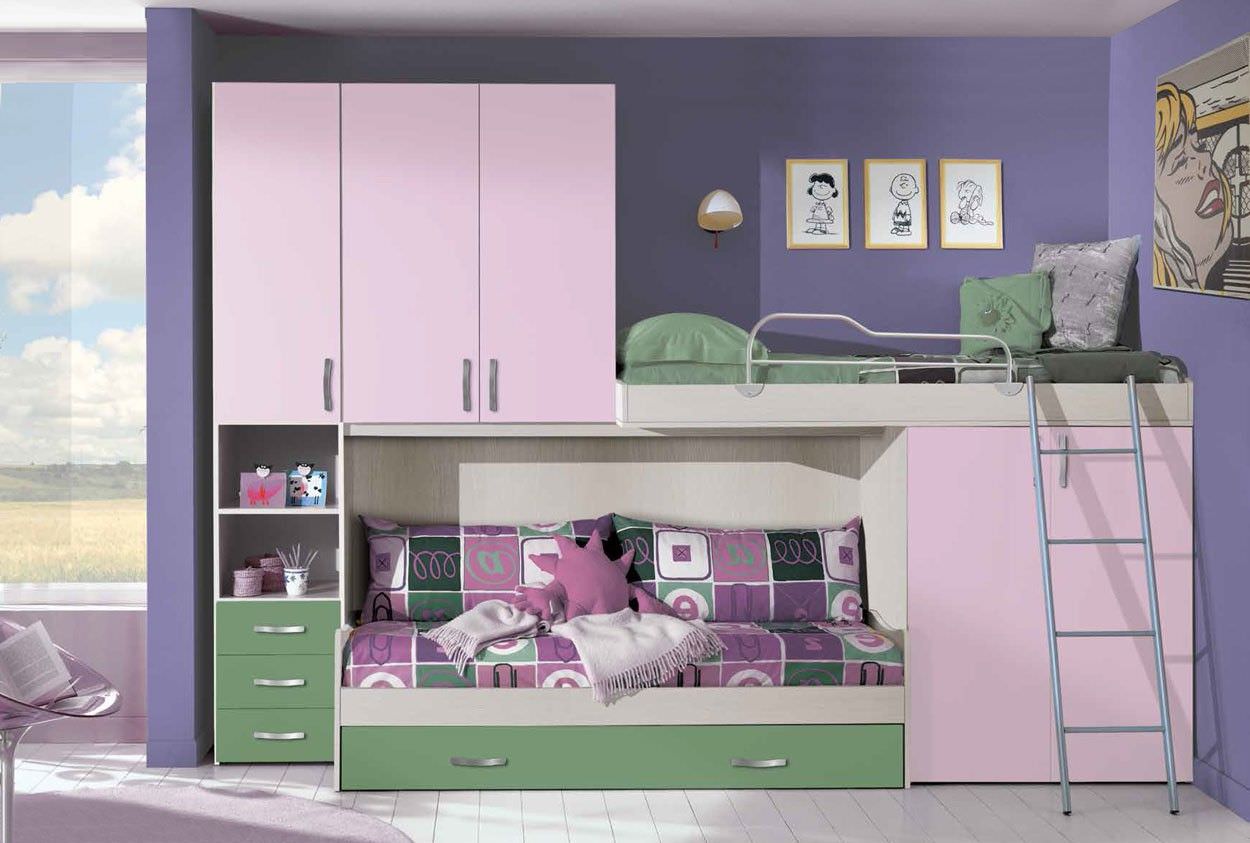 Mẫu giường tầng màu tím đẹp có kèm tủ quần áo tiện lợi