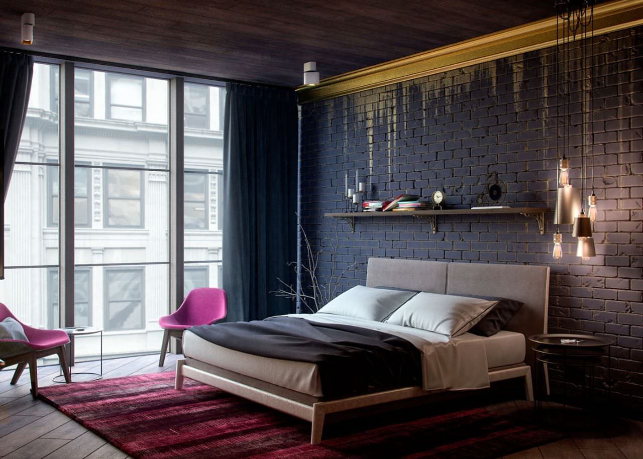 Ân tượng với bức tường phòng ngủ màu xanh đen ốp gạch thẻ mang phong cách vintage