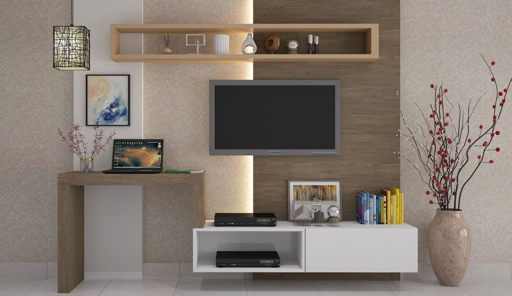Mẫu kệ tivi kèm bàn làm việc thiết kế đơn giản dành cho phòng khách có diện tích nhỏ