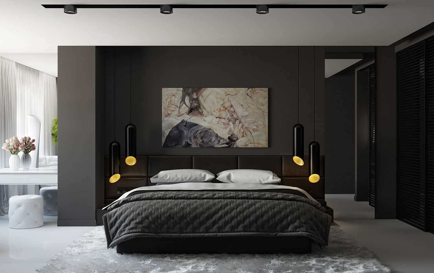 Phòng ngủ màu đen thu hút hơn với tranh treo tường