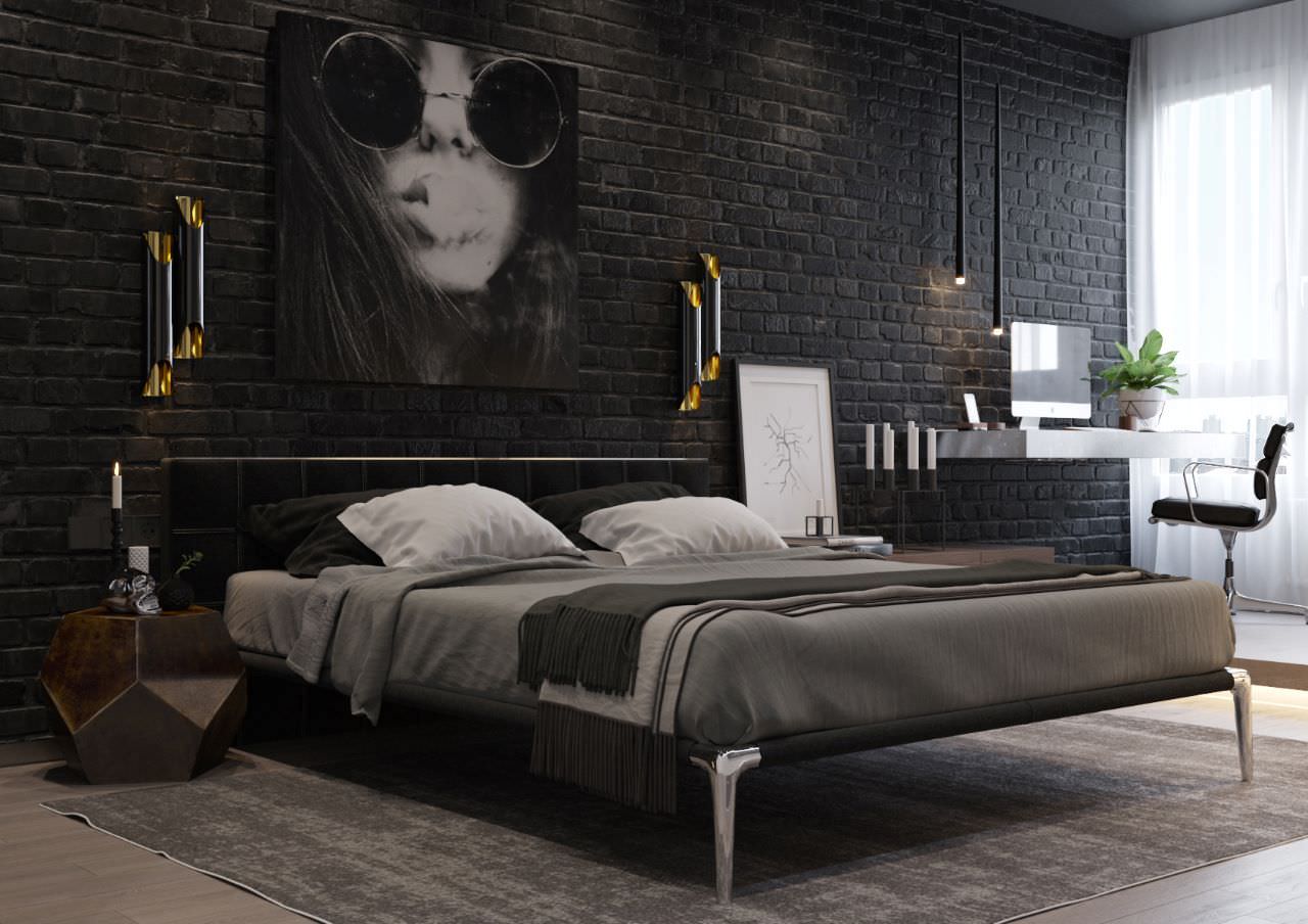 Trang trí phòng ngủ màu đen ấn tượng với tranh treo tường kết hợp cùng gạch ốp tường độc đáo