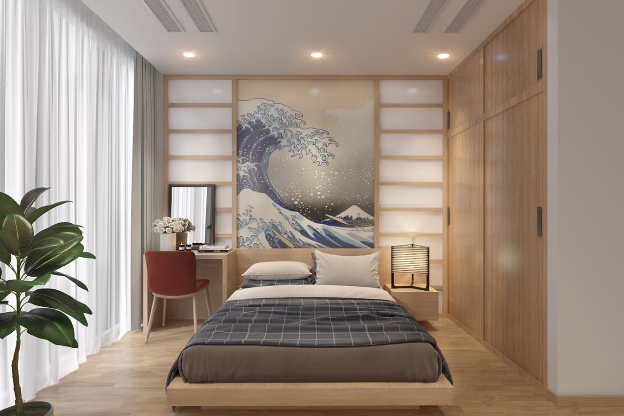 Chất liệu gỗ tự nhiên có độ bền rất cao và vẻ đẹp thẩm mỹ tốt khi thiết kế phòng ngủ kiểu nhật