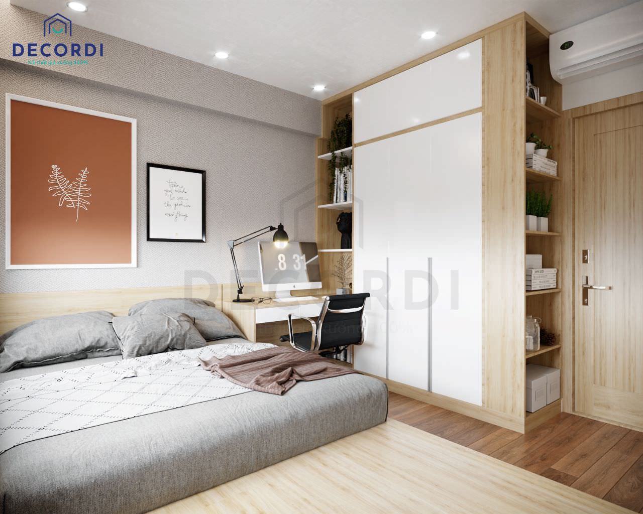 Trang trí phòng ngủ với giấy dán tường màu xám hoạ tiết nổi kết hợp bộ tranh treo tường phong cách tối giản
