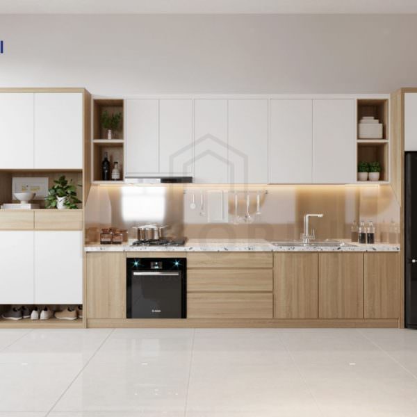Hệ tủ bếp chữ I tông gỗ kết hợp với màu trắng nền nã cho gian bếp thêm nhẹ nhàng, ấm áp hơn