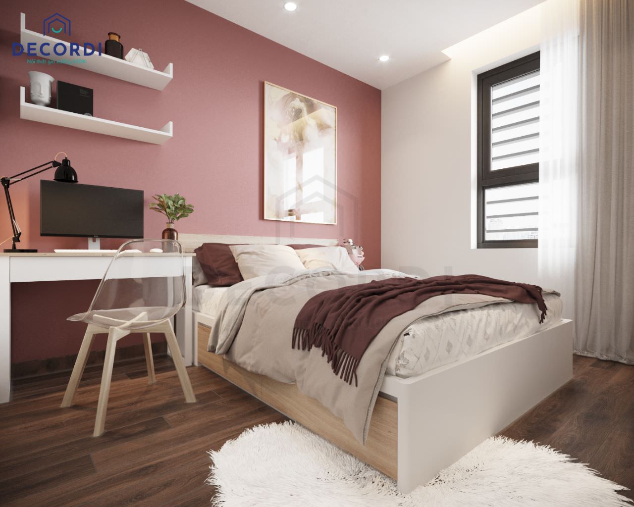Thiết kế phòng ngủ tông màu trắng làm chủ đạo và sử dụng thêm màu hồng đậm để sơn tường, làm điểm nhấn đặc biệt cho không gian