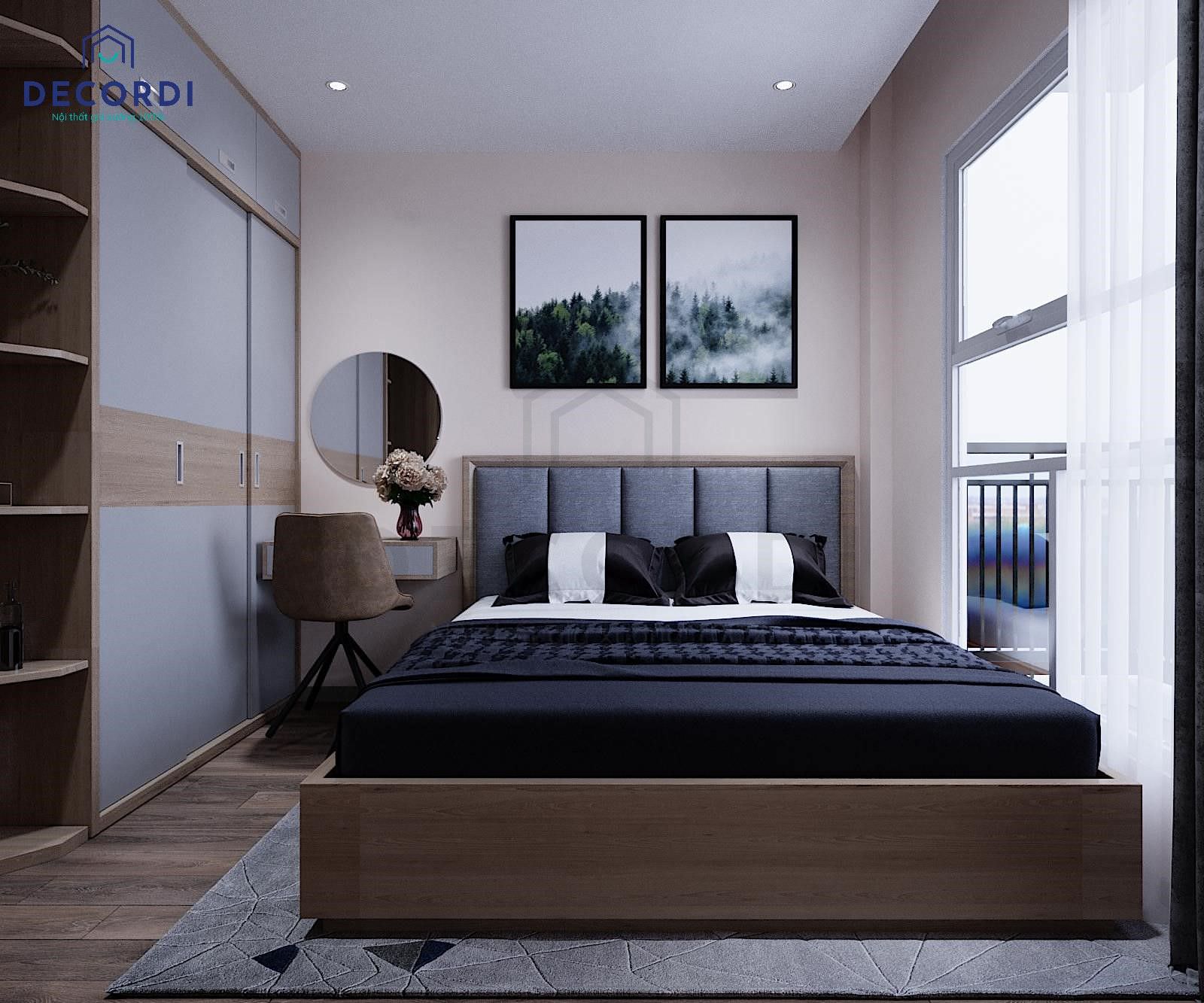 Phòng ngủ màu xám kết hợp xanh lam cùng bội thất gỗ mang đến sự ấm cúng cho phòng ngủ