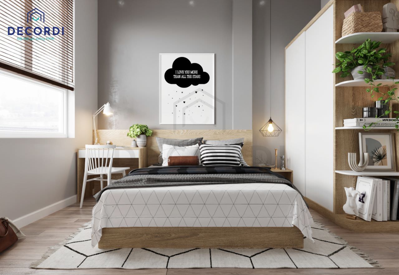 Phòng ngủ master hiện đại phối màu trung tính nhẹ nhàng, tươi sáng, trẻ trung cùng bộ nội thất gỗ công nghiệp